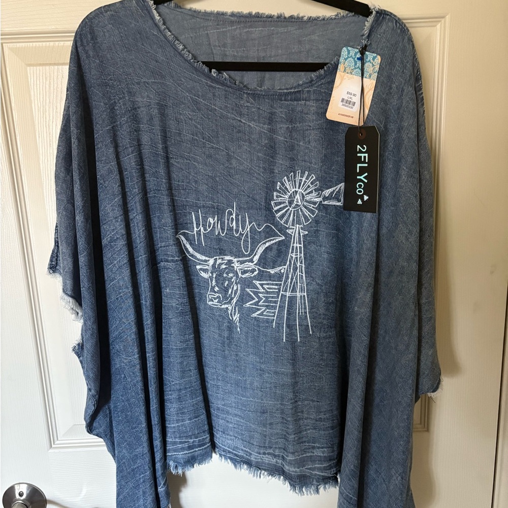 2FlyCo Women's Blue "Howdy" Western or Ranch Poncho-Style Top